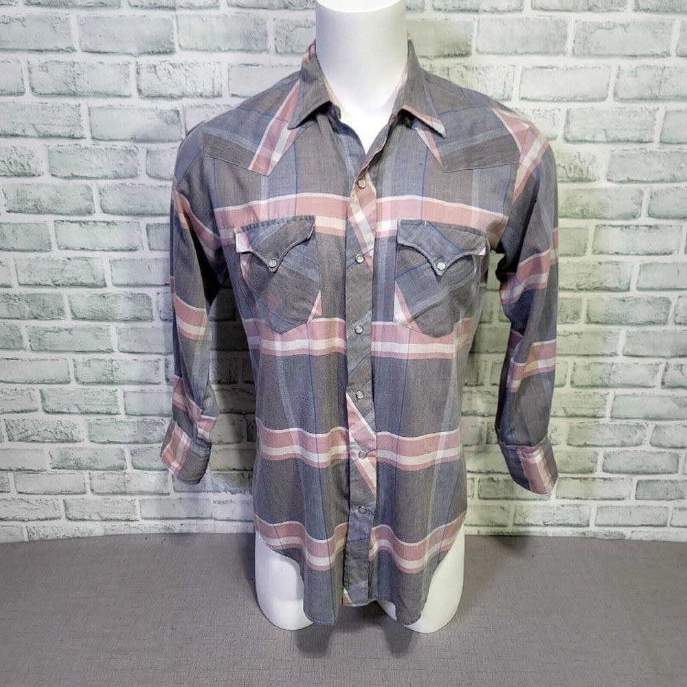 Vintage‎ 70s H Bar C Ranchwear Mens 16-35 Lightweight Plaid Pearl Snap L/S Shirt